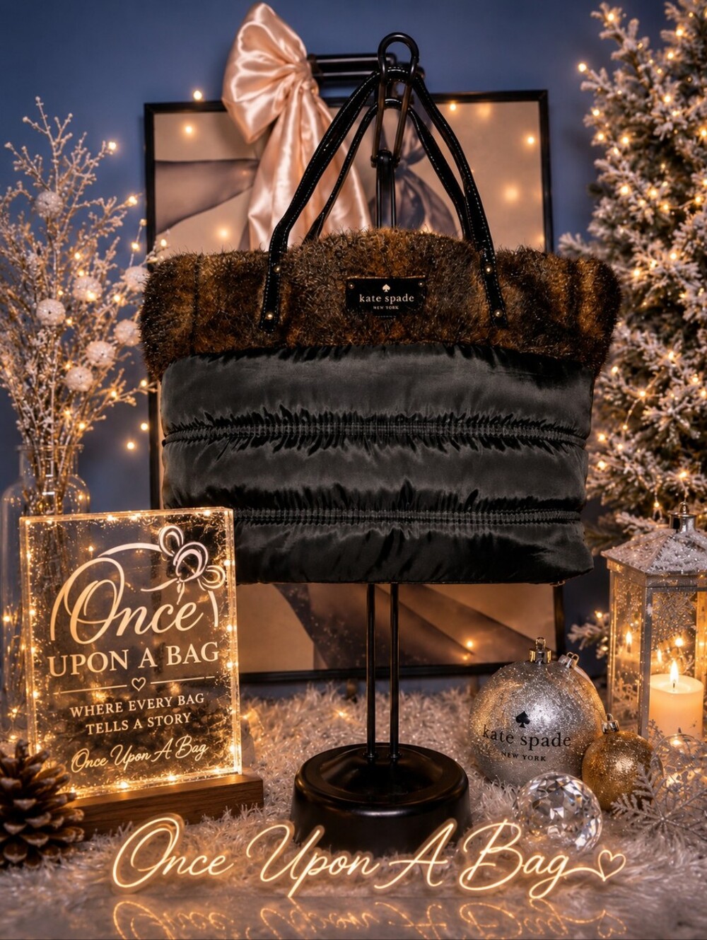 kate spade Black Tote with Brown Faux Fur Trim